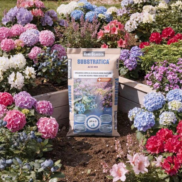 Substratica Acid Mix uporabljena v vrtu s hortenzijami in drugimi kisloljubnimi rastlinami