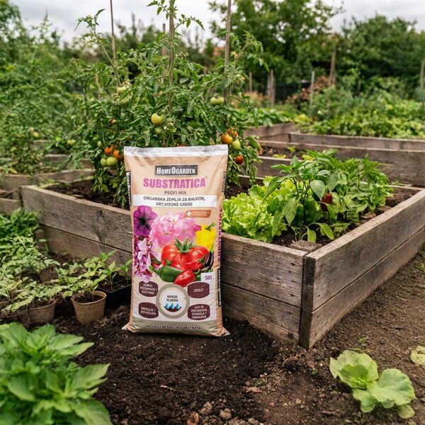 Substratica Profi Mix 50 L v zelenjavnem vrtu in visokih gredah pri sajenju zelenjave