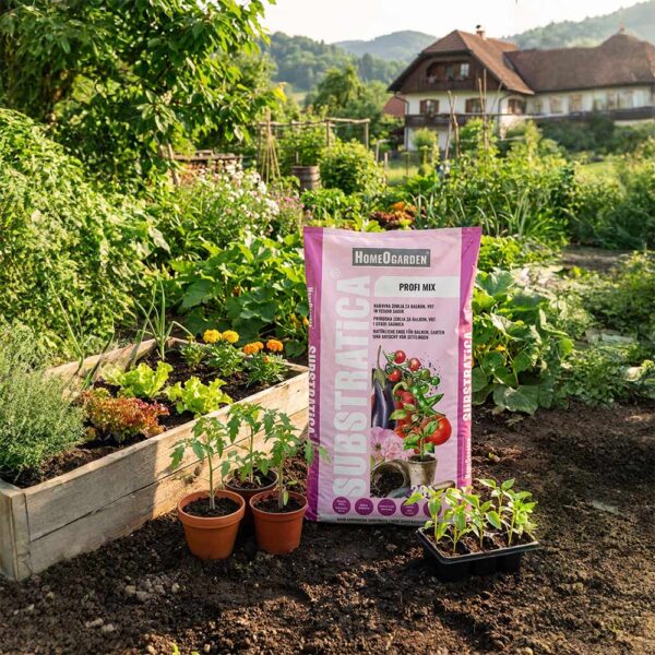 Organski substrat Substratica Profi Mix postavljen v zelenjavnem vrtu ob sadikah in visokih gredah