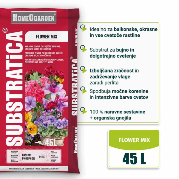 Organska zemlja Substratica Flower Mix 45 L za balkonske, okrasne in cvetoče rastline
